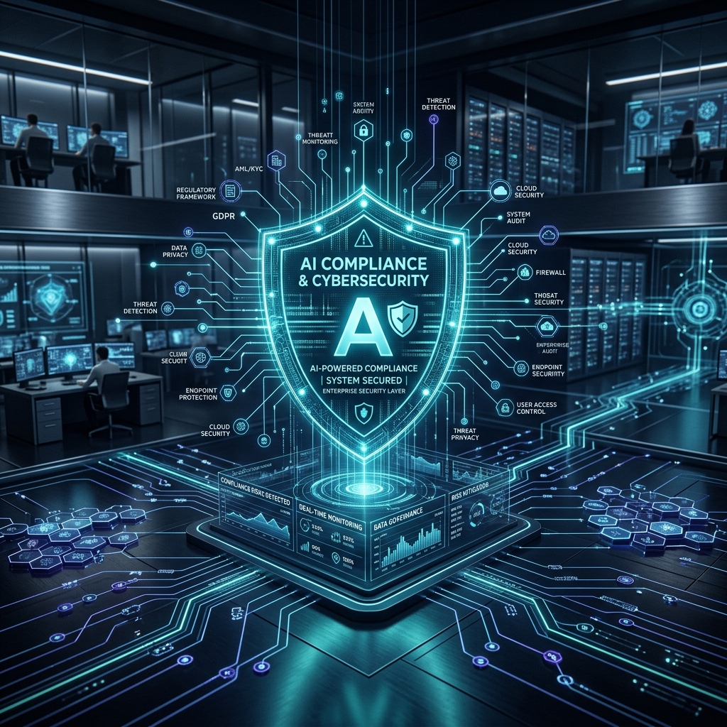 Futuristic digital infrastructure visualizing AI-powered compliance systems